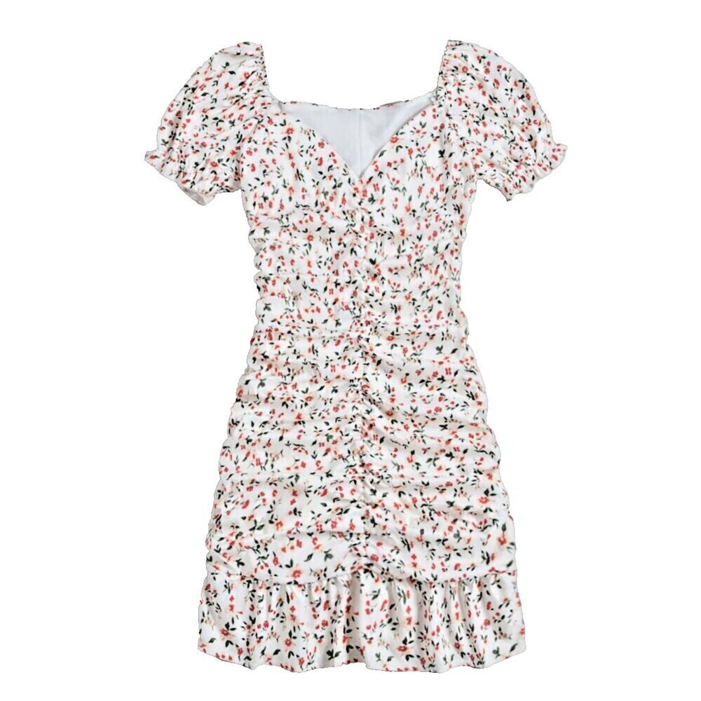 Romwe women mini dress cherry girl ditsy floral ruched ruffle hem romantic S (4)